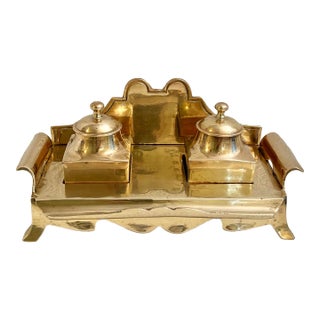 Vintage Mid 20th Century Solid Brass Double Desktop Ink Well For Sale