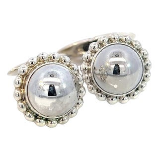 1990s Pair of George Jensen Estate Round Beaded Mens Cufflinks Silver For Sale