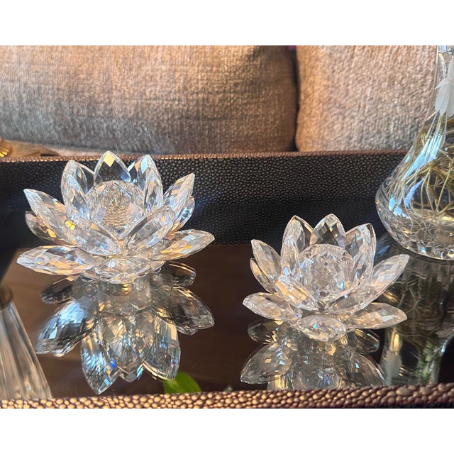 Swarovski Crystal Water Lily Lotus Flower Candle Holders (Set of 2, One Large, One Small) For Sale - Image 6 of 11