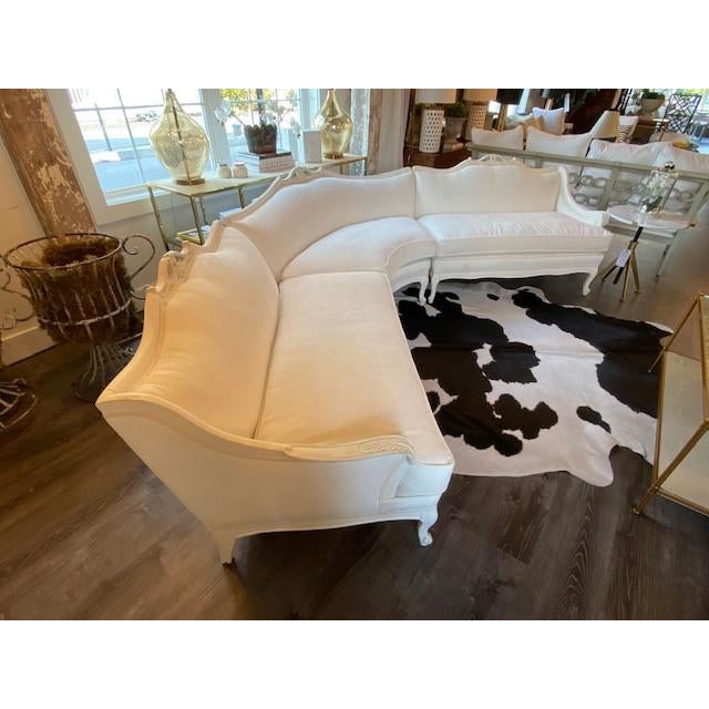 French Country Vintage White Sectional with Carved Wood Frame For Sale - Image 3 of 10