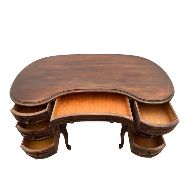 French Vintage French Desk Kidney Shaped Vanity Seven Carved Drawers Petite Size For Sale - Image 3 of 12