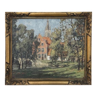 Antique Framed Oil Painting on Canvas Signed DeMeer ~ 'View of Bruges' For Sale
