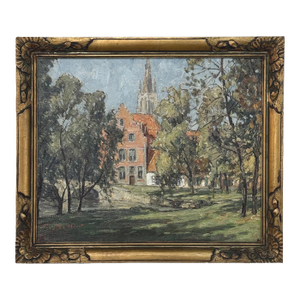 Antique Framed Oil Painting on Canvas Signed DeMeer ~ 'View of Bruges'