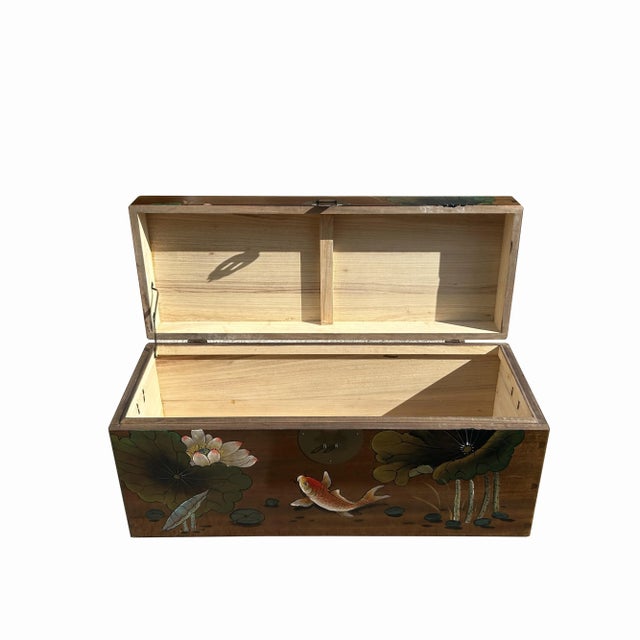 Wood Chinese Lotus Flower Koi Fish Rectangular Wood Trunk on Stand For Sale - Image 7 of 7
