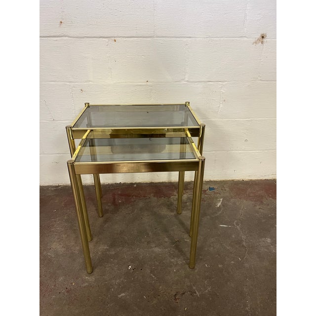 Belgo Chrome Mid Century Brass Plated and Smoked Glass Nesting Tables Belgo-Chrome Manner For Sale - Image 4 of 11