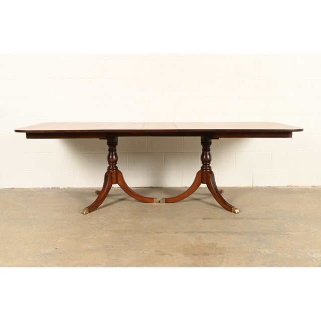 English Drexel Georgian Mahogany Double Pedestal Extension Dining Table, Newly Refinished For Sale - Image 3 of 15