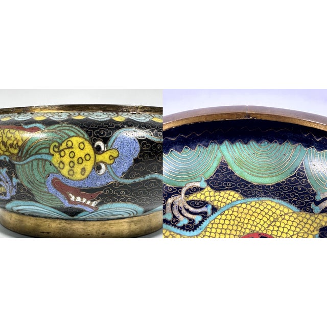 Bronze Antique Chinese Cloisonne Bowl: Dragon & Flaming Pearl Design For Sale - Image 8 of 10