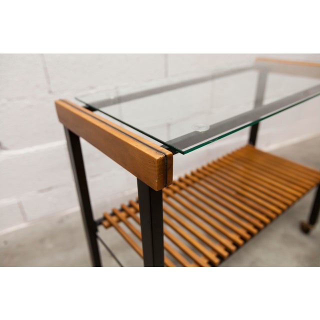 Vintage Teak, Black Metal, and Glass Serving Cart on Casters, 1960s For Sale - Image 9 of 17