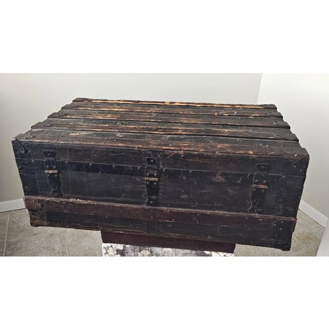 French Antique Wood and Canvas Flat Top Steamer Trunk Circa 1890's For Sale - Image 3 of 6