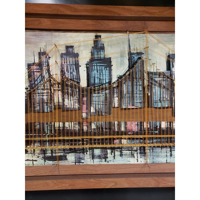 Mid-Century Modern 1960s Mid Century Modern Brooklyn Bridge, New York City Skyline Mixed Media Art For Sale - Image 3 of 5