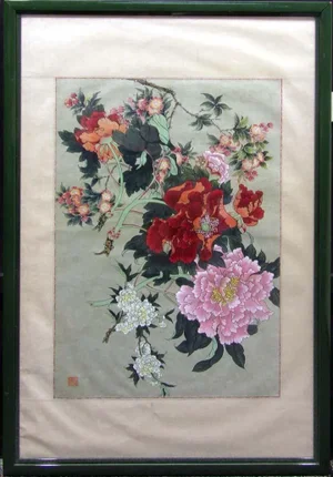 1980s An Li Han Original Watercolor on Paper Flowers Hand Signed, Framed