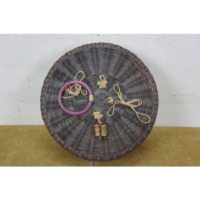 Antique Chinese Wicker Lidded Bead Ring Tassel Sewing Storage Basket 12" For Sale - Image 4 of 12