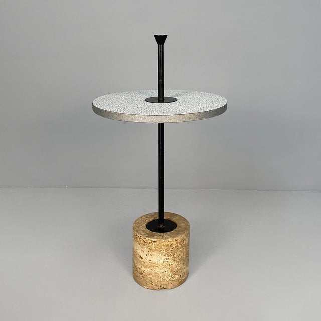 Italian Modern Round Side Table in Metal, Formica and Travertine, 1980s For Sale - Image 16 of 16