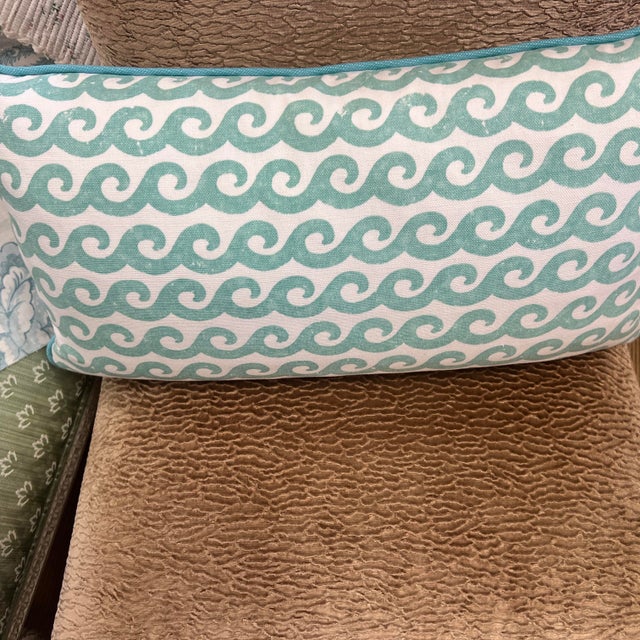 Custom down filled pillow with Thibaut cotton print in aqua.13” h by 22” wide