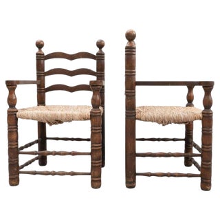Set of Early 20th Century Popular Rustic Armchairs in Wood and Rattan For Sale