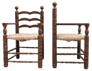 Set of Early 20th Century Popular Rustic Armchairs in Wood and Rattan