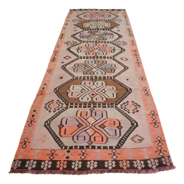Vintage Turkish Handmade Kilim Runner Rug Organic Woll Tribal Design Primitive Rug - 3′5″ × 12′8″ For Sale - Image 6 of 16