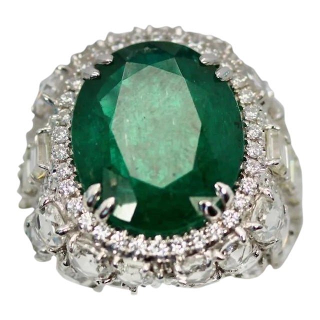 Oval Emerald 12.25 Carat Diamond Surround Ring Size 8 For Sale