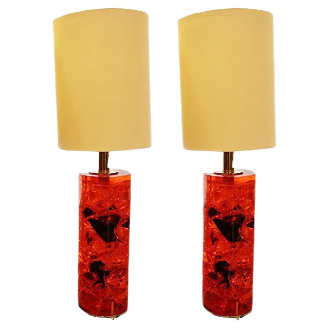 Red Fractal Resin Table Lamps on Brass Stands, 1970s, Set of 2 For Sale