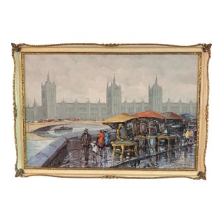 Vintage Mid Century Framed London Cityscape Oil Painting on Canvas - Signed For Sale