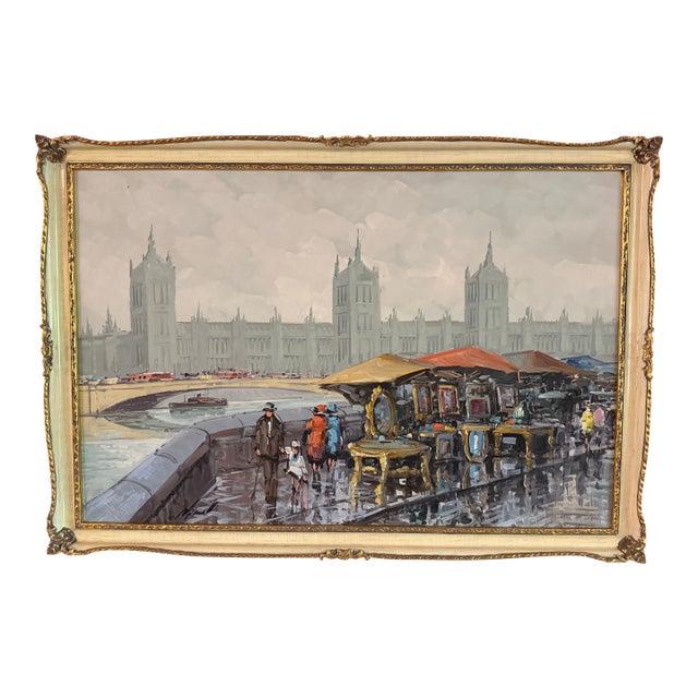 Vintage Mid Century Framed London Cityscape Oil Painting on Canvas - Signed For Sale