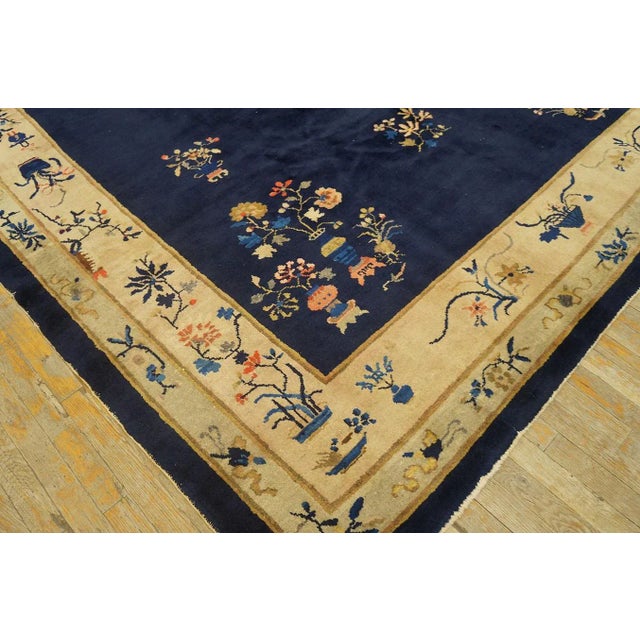 Exceptional Navy Blue Background and Light-Yellow Border With Floral Design Antique Chinese Rug For Sale - Image 4 of 9