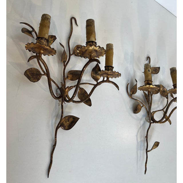 Metal 1970s 3-light wall sconces in gilded metal with leaves. French work - a Pair For Sale - Image 7 of 12
