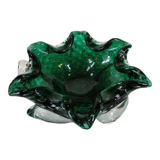 Art Glass Emerald Green Controlled Bubble Gold Flecks Vintage Early 20th Century For Sale