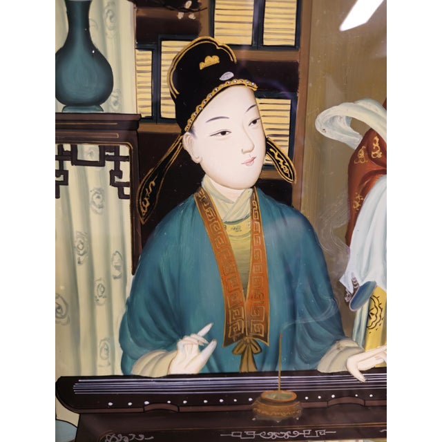 1920s Chinese Art Reverse Glass Painting Wooden Frame For Sale - Image 4 of 11