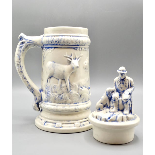 Ceramic Statement Size German Lidded Stein With Hunting Motif Man Dog Stag For Sale - Image 7 of 12