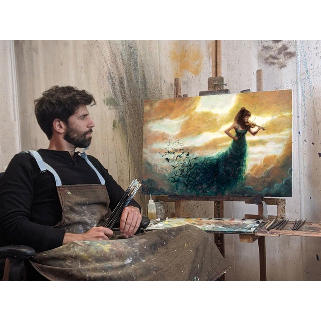 In "One Final Melody," a figure playing the violin emerges from a swirling sea of clouds, her flowing gown blending...