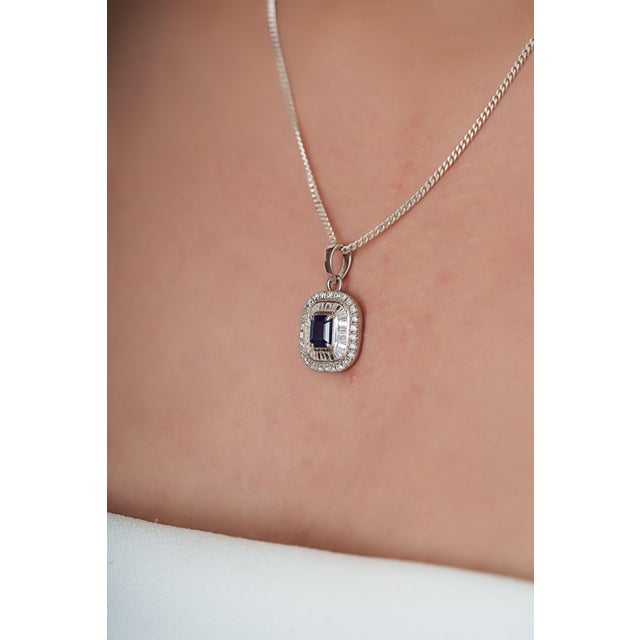 Ink Blue Radiant Emerald-Cut Deep Blue Sapphire & Diamond Halo Pendant in 14k Gold For Sale - Image 8 of 14