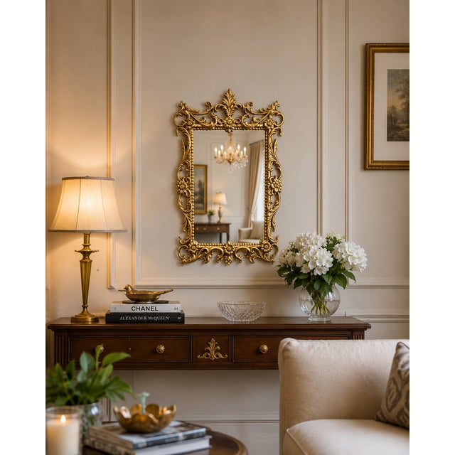 An authentic vintage Turner Manufacturing wall mirror featuring an ornate Hollywood Regency design with graceful Rococo-...