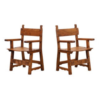 Rustic Carved Oak Side Chairs, Spain, 1900, Set of 2 For Sale