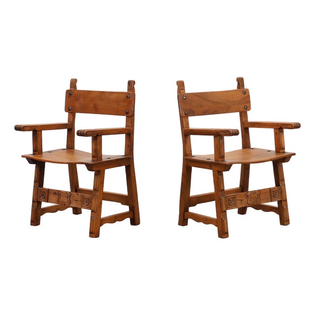 Rustic Carved Oak Side Chairs, Spain, 1900, Set of 2 For Sale