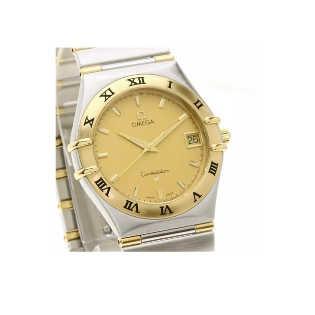 Modern Vintage Omega Constellation Quartz Date 18 Karat Gold Half Bar/Ss Men’s Watch For Sale - Image 3 of 8