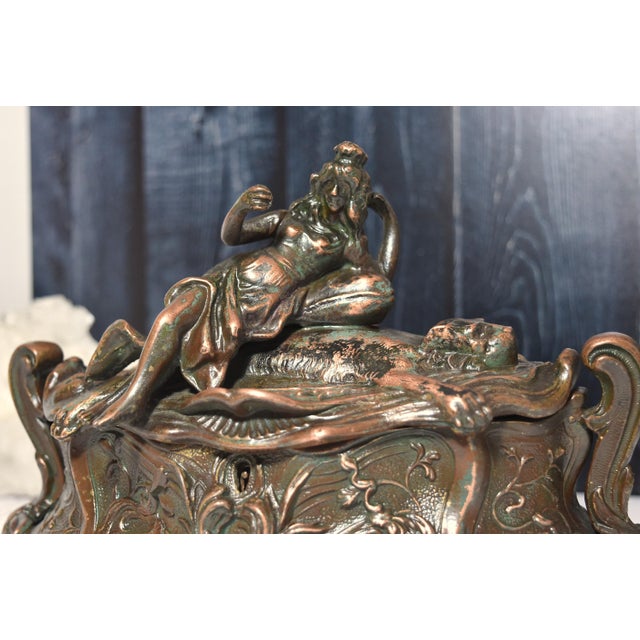 Victorian Antique Art Nouveau Metal Dresser Box Casket Lady on Bear Skin Rug For Sale - Image 3 of 18