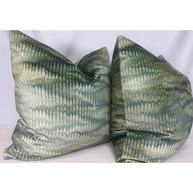 Custom pair of 22" pillows covered in Kravet Couture "Boscage Velvet" in color emerald. These pillows have tapered corners...