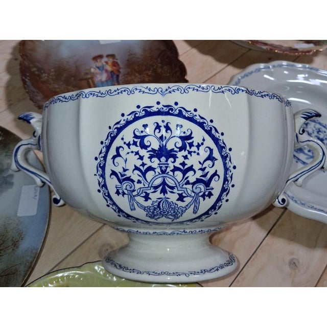 Covered Tureen and Stand in White Earthenware with Blue Decoration from Gien, 1920s For Sale - Image 4 of 8