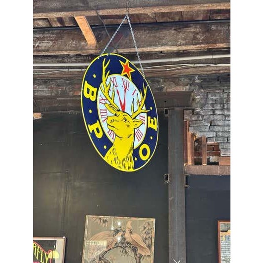 Canary Yellow Vintage Art Deco Enamel Sign, Elks Club B.P.O.E., Two-Sided, 30-Inch For Sale - Image 8 of 8