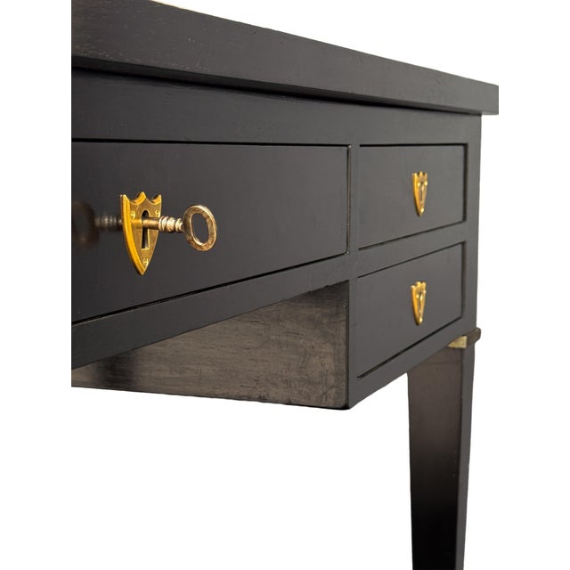 Large French Louis XVI Ebonized Writing Table or Desk With Embossed Leather Top For Sale - Image 12 of 15