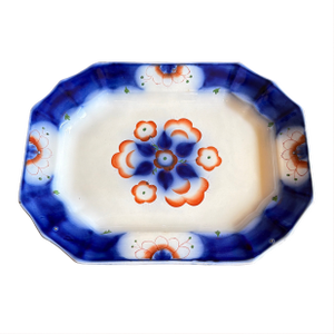 Antique Gaudy Welsh Crescent Pinwheel Flow Blue Small Platter, Circa 1840s