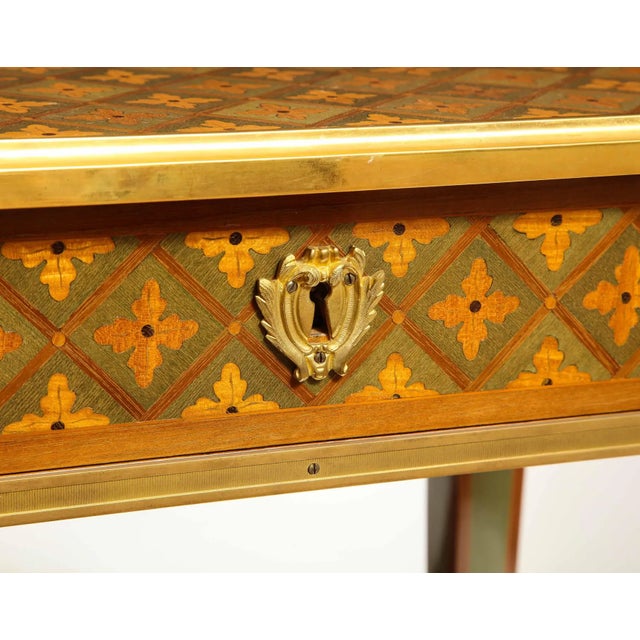 Burnt Umber Exceptional Pair of French Ormolu-Mounted Parquetry and Marquetry Side Tables For Sale - Image 8 of 17