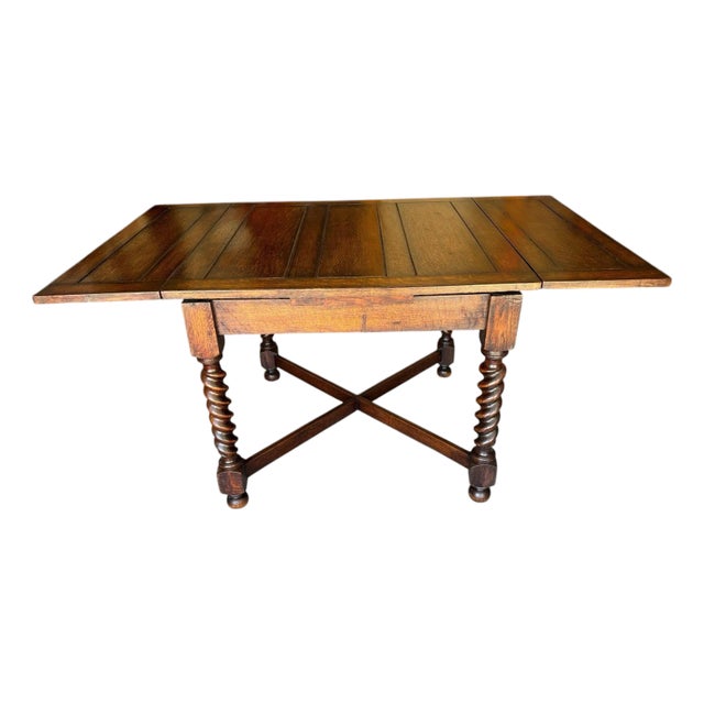 1930s Solid Oak Quarter Sawn Draw Leaf Barley Twist Dining Table For Sale