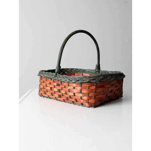 Wood Vintage Red & Green Wicker Basket For Sale - Image 7 of 12