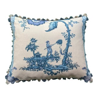 Traditional Chinoiserie Les Pecheurs Decorative Pillow With Down Feather Insert For Sale