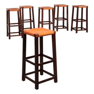 Mid-Century Oak Bar Stools with Cognac Leather Seats, 1970, Set of 6 For Sale
