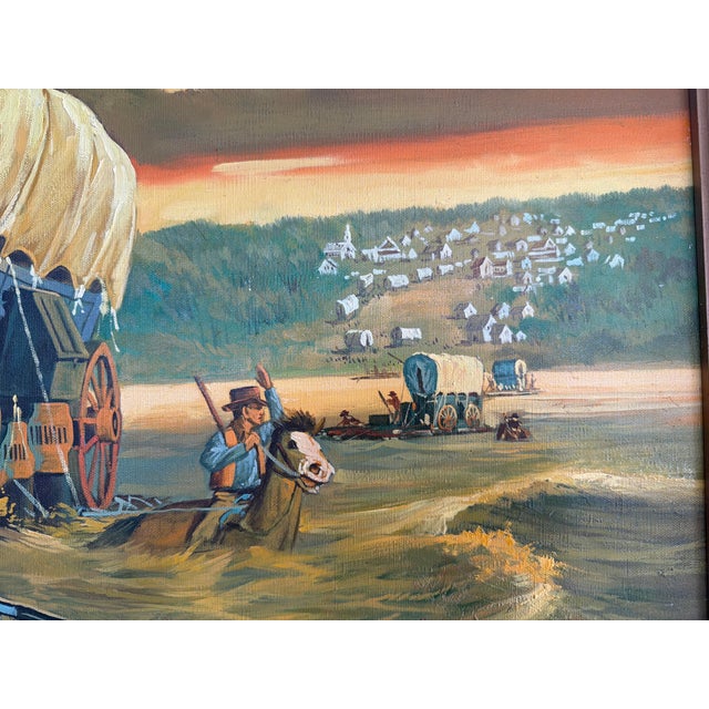 Vintage Original Oil Painting Pioneer Wagon River Crossing Dawn Signed Horman For Sale - Image 9 of 14