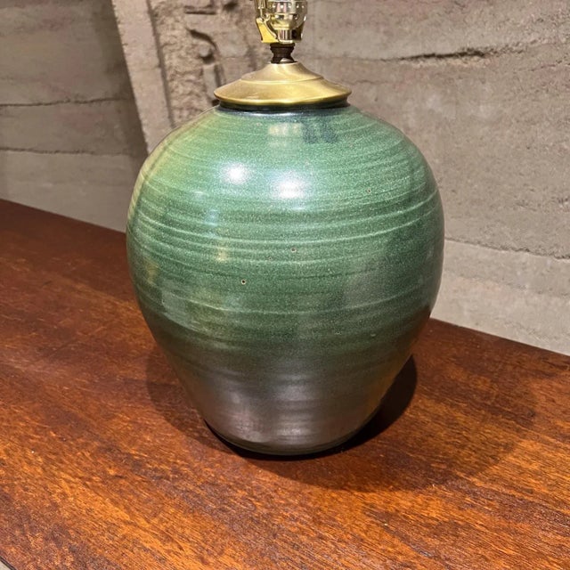 1970s Studio Art Table Lamp Lush Green Stoneware Pottery For Sale - Image 11 of 11