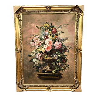 French-Style Floral Still Life Print – Romantic Rose Bouquet With Ornate Gold Leaf Frame For Sale